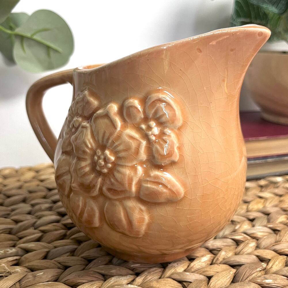VTG Shawnee Pottery 23F Mini Pitcher Creamer Pastel Nude Peach Embossed Floral